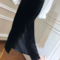 DEAT Woman Suit Ruffle Cake Collar Chiffon Shirt + High Waist Split Velvet Skirt Vintage Style 2021 New Autumn Fashion 15JK890