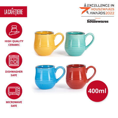 La Cafetiere - Ceramic Striped Coffee / Tea Mug for Soup, Hot Cocoa, Funny Tea Cups for Office and Home แก้วมัค