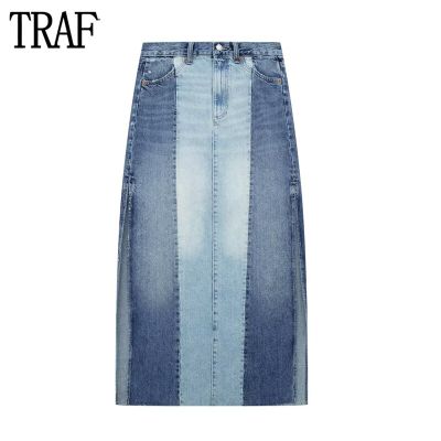 TRAF Blue กระโปรงยาวผ้ายีนส์ผู้หญิงกางเกงยีนส์แบบปะกระโปรงแม็กซี่สำหรับฤดูร้อนเอวขนาดกลางกระโปรงผู้หญิง Streetwear Slit กระโปรงสตรี