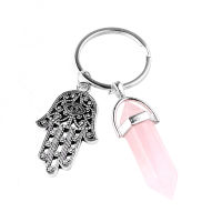 Wholesale 20PC Hexagonal Column Natural Pink Quartz Stone Keychain Women Evil Eye Fatima Hand Opal Marble Key Chains On Bag Gift