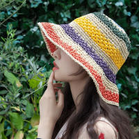 Wide Brim Rainbow Striped Woven Straw Hat Womens Summer Hollow Fisherman Hat Breathable Crochet Bucket Hat Sunscreen Beach Hat