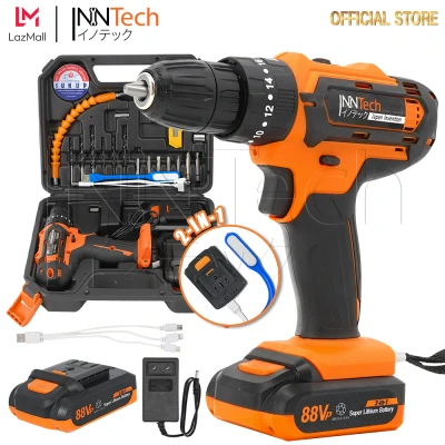 InnTech สว่านไร้สาย สว่านกระแทก สว่านแบต ไร้สาย 3 ระบบ 88V รุ่นใหม่ สว่าน 2 IN 1 พาวเวอร์แบงค์ แบตเตอรี่ ชารจ์โทรศัพท์ได้ แถมฟรี! สายชาร์จ 1 ออก 3 และไฟ LED ขนาดพกพา พร้อม อุปกรณ์ เครื่องมือช่าง ครบชุด รุ่น GSB-88V-LT [PRO-SERIES] MD01