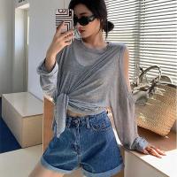 Yedinas Sexy Hollow Out T Shirt Women Off Shouler Long Sleeve Tshirt Korean Japanese Split Design Tee Shirt Oversize Thin Tops