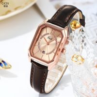 GEDI/Gedi Square Plate Small Green Watch Light Luxury Temperament Calendar Womens Watch Fashion Top Layer Cow Leather Womens Watch 【QYUE】