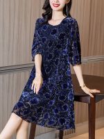 【YF】 Autumn Silk Flocking Floral High Quality Midi Dress Women Jacquard Elegant Party Night 2023 Korean Bodycon Casaul Vestidos