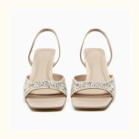 2023 Summer New Line Womens Shoes Inlaid Rhinestone Style Sandals Square Toe Hollow Open Toe High Heel Slippers Large