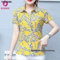 Middle-aged female brim summer short-sleeved 2022 new T-shirt coat lapels decoration printing unlined upper garment