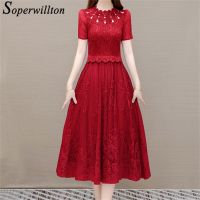 【YF】 2023 Vestidos Hollow Elegant Summer O-Neck Beach Bohe Solid Lace 3XL Chic Short Sleeve Female Robe Womens Midi Lady Dresses