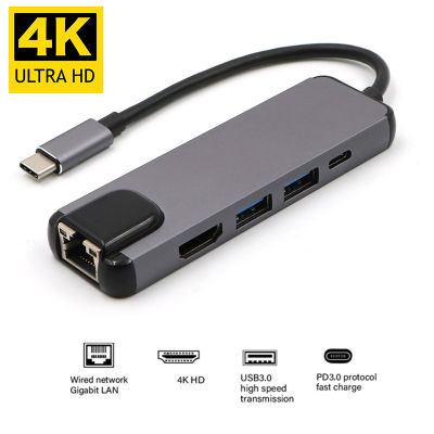 USBC ไปยัง RJ45รองรับ HDMI USB 3.0 Type C Port Hub Gigabit Ethernet Lan 4K สำหรับ Pro Air Thunderbolt 3เครื่องชาร์จ USB-C