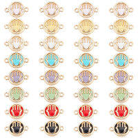 1Box 32Pcs 8 Colors Glass Connector Charms with Light Gold Plated Alloy Findings Flat Round with Hamsa Hand Mixed Color 13.5x19.5x5.5mm Hole: 1.6mm 4pcs/color