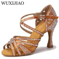 Latin Dance Shoes Ladies New Silk Satin Shiny Rhinestone Cuban High Heels 9 Cm Salsa Dance Shoes