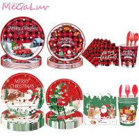 ♤☏ Merry Christmas Party Disposable Tableware Set Santa Paper Plate Cup Napkin Christmas Decoration For Home New Year 2023 Navidas
