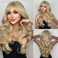 Natural Blonde Yellow Long Wavy Synthetic Hair Wigs with Bangs Women Body Wave Afro Female Wigs Cosplay Daily Hair [ Hot sell ] ea1voy