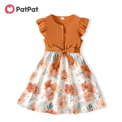 〖jeansame dress〗 PatPat Girl KidsGirl Dresses สำหรับ VeryParty RuffledPrint Splice Belted Flutter-SleeveGirl เสื้อผ้า
