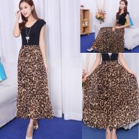 【CW】 Pleated Leopard Skirts Elastic Waist A Beach Skirt Loose Female Korea Fashion