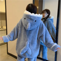 Harajpee Women Pajamas 2021 Winter Japanese Sweet Temperament Kawaii Style Cute Cartoon Shark Hooded Coral Velvet Home Wear Suit