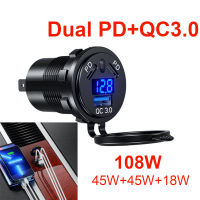 รถชาร์จอย่างรวดเร็วซ็อกเก็ตที่มี LED โวลต์มิเตอร์108วัตต์คู่ PD ประเภท-C QC3.0พอร์ตพลังงาน Adapte สำหรับรถจักรยานยนต์อัตโนมัติเรือ RV รถบรรทุก