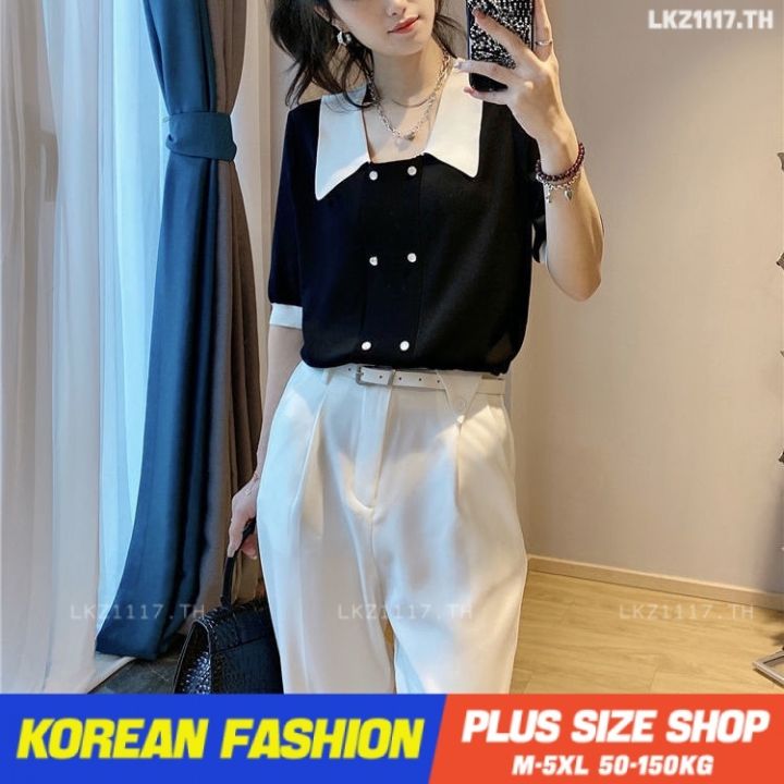 plus-size-เสื้อผ้าสาวอวบ-เสื้อยืดสาวอวบอ้วน-ไซส์ใหญ่-ผู้หญิง-ทรงหลวม-แขนสั้น-คอบัว-สีดำ-ฤดูร้อน-สไตล์เกาหลีแฟชั่น