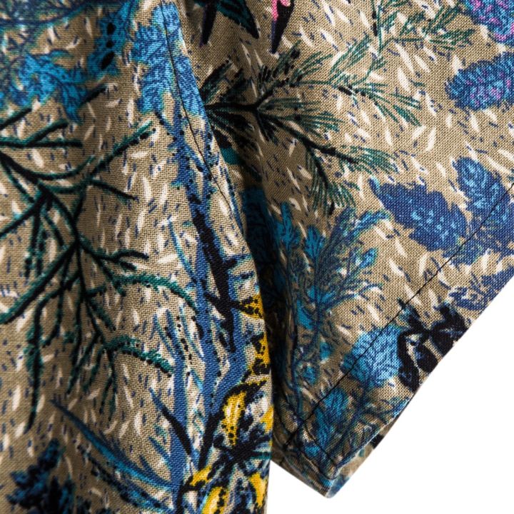 rainnyเสื้อฮาวายแขนสั้นแนวพื้นเมืองของผู้ชาย-เสื้อลำลองผ้าลินินพิมพ์ลายสำหรับผู้ชาย