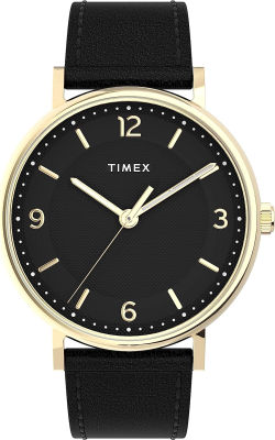 Timex Mens Southview 41mm Watch – Gold-Tone Case Black Dial with Black Leather Strap