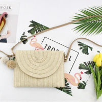 Summer Beach Straw Clutch Bag Cute Ball pendant Crossbody Bag for Women Travel Shoulder Bags Purse Ladies Casual Bags Wicker Bag