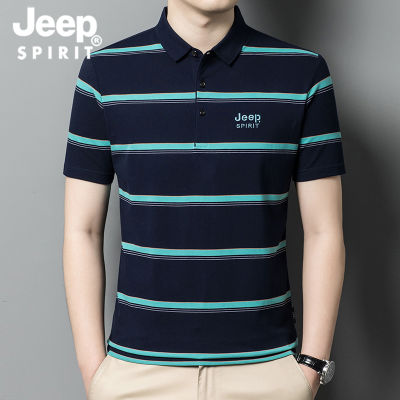 JEEP SPIRIT Mens Polo Shirt Oversize Summer New Cotton Short Sleeve Stripe T-shirt Thin Breathable Loose Stripe Short Sleeve Embroidery Polo Shirt