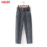 Tangada 2021 fashion women mom jeans pants with belt long trousers strethy waist pockets zipper female pants HY41