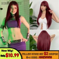 Cosplay Starfire Wigs Ruby Red Long Straight Wigs for Women Synthetic Wigs with Bangs Heat Resistant Fiber Wigs Hair Wig  Hair Extensions Pads