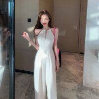 COD DSFERTGERRYYY White Hollow Jumpsuit✨✨ 2022 New Style Classy Off-The-Shoulder Sleeveless Halter High Waist Wide Leg Jumpsuit