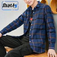 RUNAY เข้ารูปพอดี MODE Korea แขนยาว เสื้อเชิ๊ตลายตารางคู่รักสุดหล่อแบบลำลอง