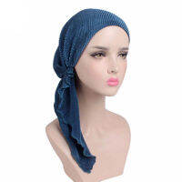 แฟชั่นผู้หญิง Wrinkle Turban พันปิดหมวกหมวกคีโม Beanie ฮีญาบมุสลิม