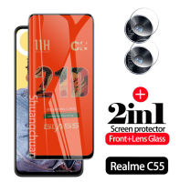 2in 1 Realme C55กระจกเทมเปอร์21D ตัวคลุมหน้าจอเต็มยางกระจกเทมเปอร์ฟิล์มแก้ว + ฟิล์มเลนส์กล้องถ่ายรูป Realme C33 Realme C35 C30