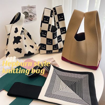 INS Wide Stripe Handwoven Handbag Women Knitted Wool Bucket Bag Japanese And Korean Style Versatile Portable Casual Shopping Bag