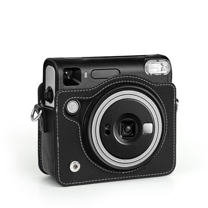 สีดำย้อนยุคเคสกล้องจิ๋วนิ่มอุปกรณ์สวมครอบพร้อมสายคล้องไหล่กระเป๋าหนัง-pu-สำหรับ-instax-sq40เคสกล้อง