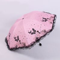 Princess Sun Double Lace Parasol Arched UV Creative Three Folding Women Butterfly Print Anti Sunshine Waterproof Pink Umbrella Umbrellas