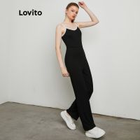 Lovito ชจั๊มสูทขาบาน ผ้าถัก สีดํา L20D261