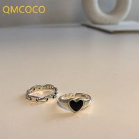 QMCOCO Korean Fashion Silver Color Rings For Women Couples Vintage Handmade Black LOVE Heart-Shape Birthday Party Jewelry Gift