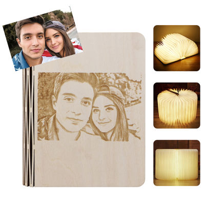 Custom Photo Engraved Book Lamp Portable USB Rechargeable LED Magnetic Dimmable Foldable Wooden Night Light Lamp for Lovers Gift