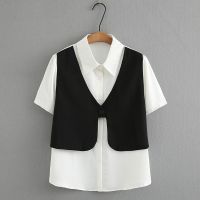 【มีไซส์ใหญ่】Plus Size XL-4XL Womens False Two Pieces Summer Blouses Ladies Office-wear Button Up A-line Tops