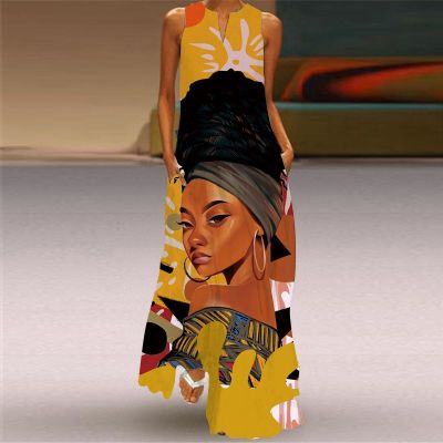 ۞✤✑ Vintage Print Maxi Dress For Women Summer Fashion Sleeveless V-neck Sundress With Pocket Casual Long Dresses Vestidos Robe Maje