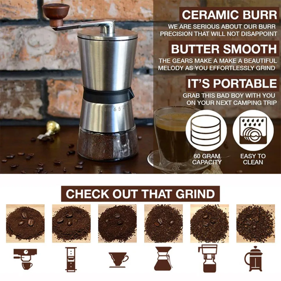 6/8 Gears Adjustable Coffee Grinder Stainless Steel Manual Coffee Bean  Grinder Ceramic Grinding Mechanism 185g Coffee Powder - AliExpress