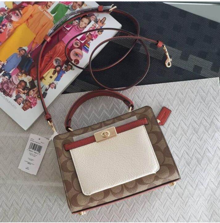 Original Coach C8318 Mini Lane Top Handle Bag In Colorblock Signature Canvas Khaki/Chalk Multi