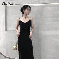 Du Yan เดรสสำหรับผู้หญิงใส่ฤดูร้อนสไตล์ใหม่เชือกแขวนคอชุดสีดำเล็กๆน้อยๆเซ็กซี่และอ่อนโยนคอวีด้านล่างชุดสีดำยาวย้อนยุค