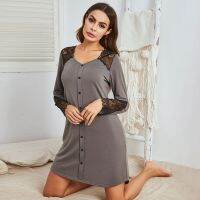 Womens NightDress Night Shirt Print Sleep Shirts Female Nightgown Long Sleeve Lace Mesh Nightwear