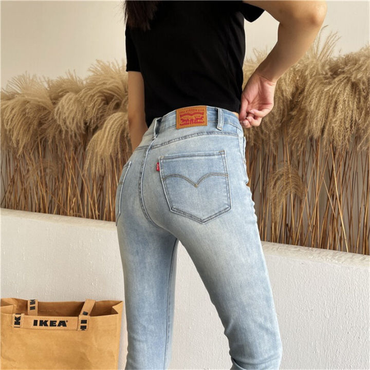 กางเกงยีนส์แฟชั่นของผู้หญิงของแท้กางเกงยีนส์-comfort-ปรากฏว่าบางกางเกงยีนส์เอวสูงยืดหยุ่นกางเกงทรงดินสอทรงตรงพอดีตัว