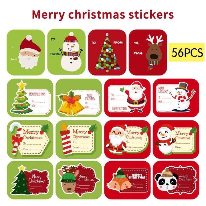 56PCS Christmas Gift Tag Stickers santa cartoon elk panda sticker