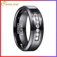 BONLAVIE 8mm BlackTungsten Carbide Ring 2 Tone Band with 7 Zircons Inlay High Polished Anti Scratch Wedding Ring Comfort Fit Size 7-12