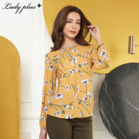 Lady Plus เสื้อลายดอกไม้คอกลมแต่งกระดุม | Long Sleeve Floral Blouse เสื้อทำงาน เสื้อแขนยาว สีเหลือง