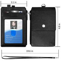 Badge Holder with Zipper PU Leather ID Badge Card Holder Wallet with 5 Card Slots 1 Side RFID Blocking Pocket and 20 inch Neck