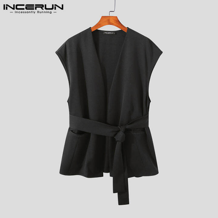 incerun-เสื้อคาร์ดิแกนแขนกุดสีด-ํา-ขาวสําหรับผู้ชาย